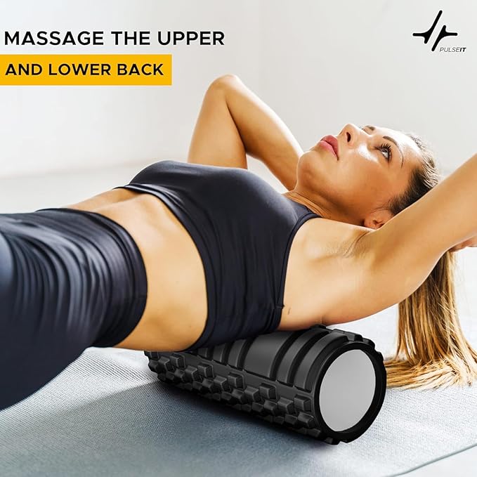PulseITRoll 30cm Foam Roller – Deep Tissue Back & Muscle Massager for Pain Relief, Myofascial Trigger Point Therapy, Yoga, Pilates & Fitness Recovery – 30CM High-Density Black Roller