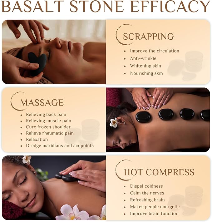 7 Pieces Hot Stones Massage Set - 6 Large Oval Massage Stones for Body Massage and 1 Heart-Shaped Basalt Stone Gua Sha Tool for Face Hot Rocks for Home Spa, Relaxing, Pain Relief