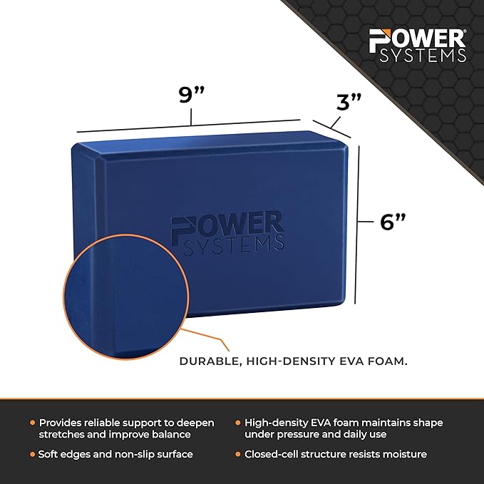 Power Systems Yoga Block | Commercial Grade Foam, Lightweight, Durable Ergonomic Support for Home and Studio Use | Yoga, Pilates, Meditation, Flexibility, and Balance with Textured Non-Slip Grip and Smooth Edges
