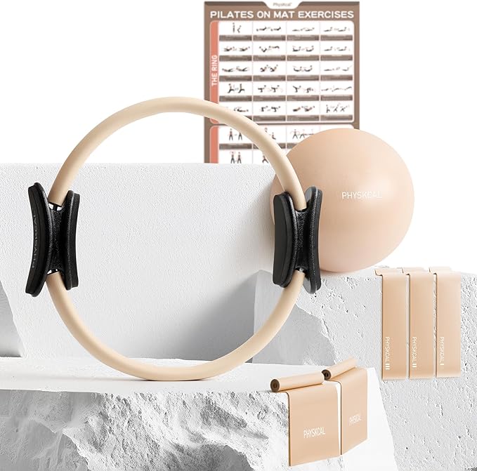 Pilates Kit, 15-Inch Pilates Ring with 1x Core Ball, 3X Resistant Loops and 2X Flex Bands, Home Pilates Equipment Set and Mat Pilates Essential Kit