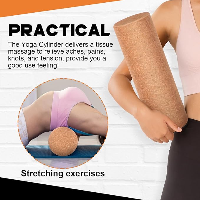 Cork Yoga Roller, Back Pain Relief Cylinder, Deep Tissue Massager Roller for Muscle Massage, Lightweight Fitness Tool for Yoga and Backbend Training, 11.8 x 3.9 Inch