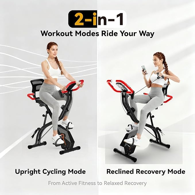 Foldable Exercise Bike for Home, Uright and Recumbent Stationary Bike with Ergonomic Mesh Backrest, Indoor Full Body Quiet Workout Bike, Wide Seat 6.6 Pound Flywheel & 300 LBS Capacity Red