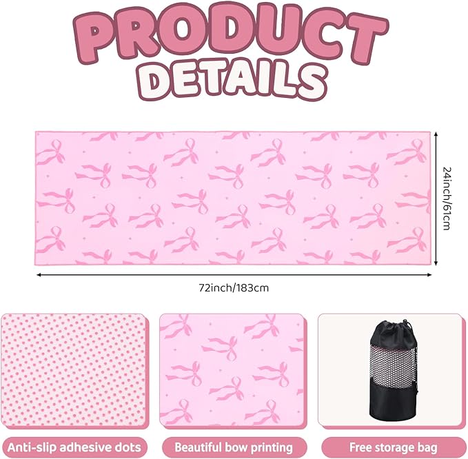 Breling Pink Bow Yoga Mat Towel with Grip Dot Preppy Coquette Bow Non Slip Ultra Absorbent Soft Microfiber Towel Without Hot Yoga Mat 72 x 24 Inch for Pilates Fitness Gym Women Birthday Gifts