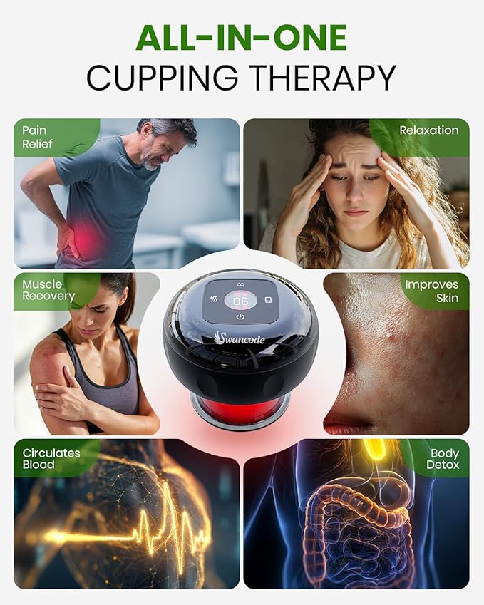 1 Pack 5-in-1 Smart Cupping Therapy Massager, Electric Cupping Device with Red Light, Dynamic Cupping Therapy Set with 12-Level Suction & Heat, Cupping Machine for Muscle Pain Relief, Knots, Soreness