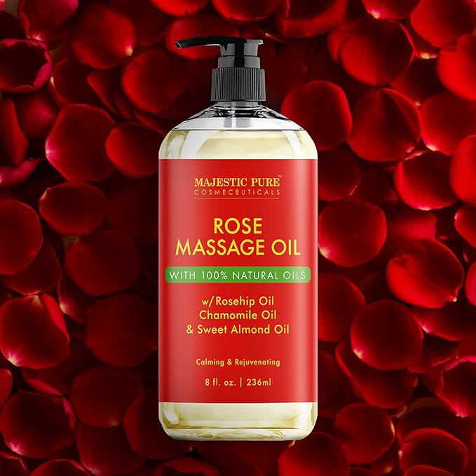 MAJESTIC PURE Rose Massage Oil for Massage Therapy - Refreshing, and Relaxing - Natural Oils - for All Skin Types - Men and Women Massage Lotion- 8 fl oz