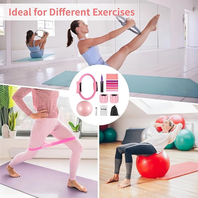 Home Workout Pilates Kit for Women, Including Pilates Ring Set, Pilates Ball, Ankle Wrist Weights, Resistance Bands, Yoga Full Body Training and Tape Measure