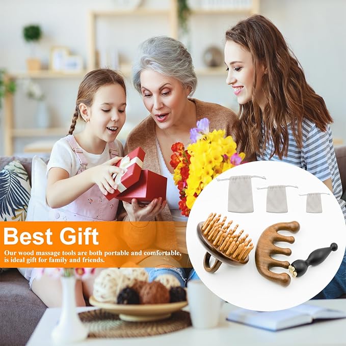 3 Pack Wooden Scalp Massager, Sandalwood Manual Head Massager Comb for Hair Growth, Wooden Gua Sha Tool for Body&Face, Wood Massager for Eye