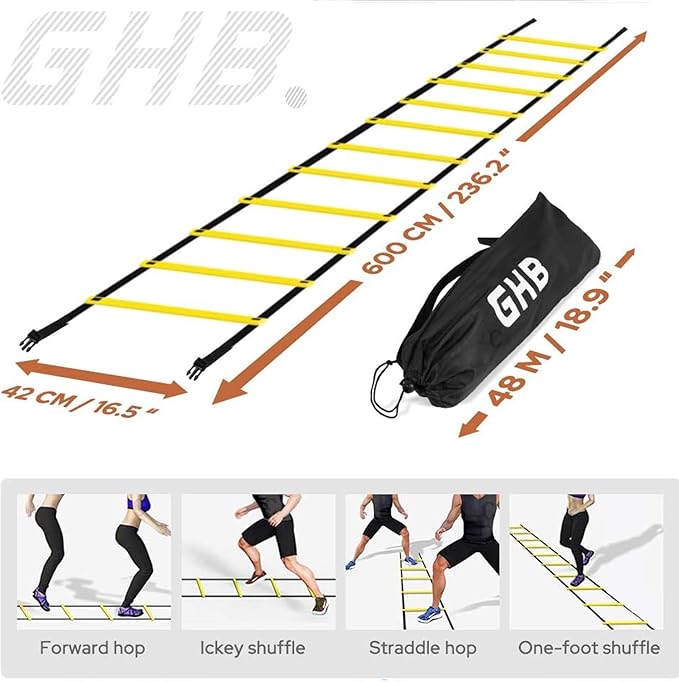 GHB Pro Agility Ladder 2 Pack Agility Training Ladder Speed 12 Rung 20ft with Carrying Bag (Yellow and Green)