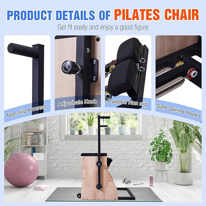 Pilates Stability Chair Split Pedal Fitness Reformer with Adjustable Springs,4-Level Resistance, Home Gym Equipment for Full-Body,Yoga & Core Training,Includes Non-Slip Socks, Ideal for Rehabilitation