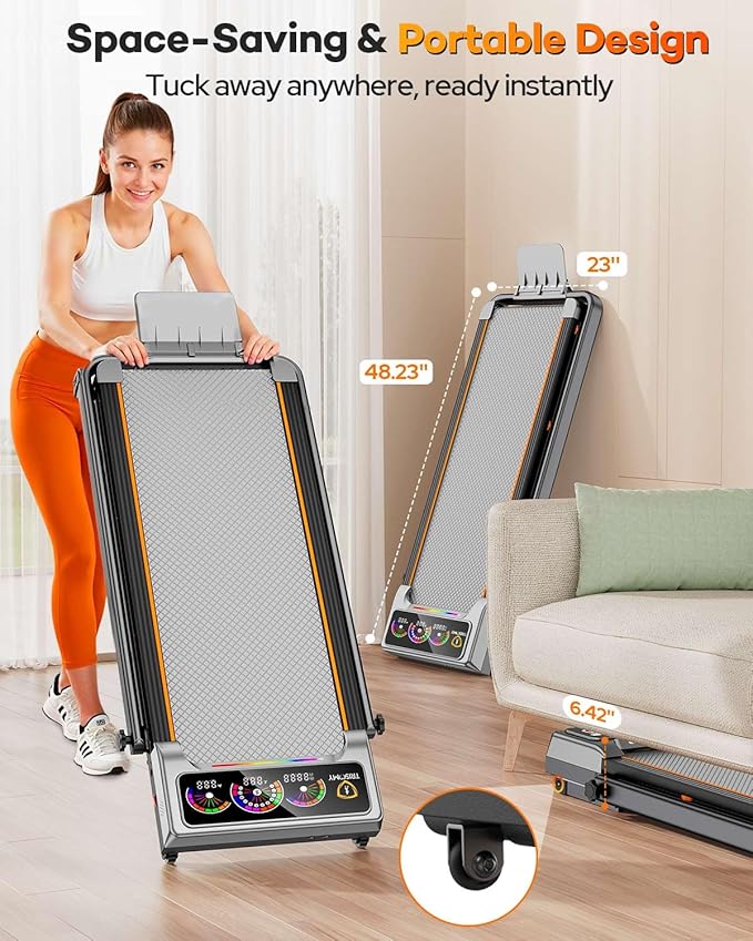 Walking Pad with 15% 12-Level Auto Incline & Handle Bar, Trisomy 3.5HP Foldable Under Desk Treadmill, 450 LBS Capacity Treadmills for Home Hiking with UI Screen, Bluetooth Speaker, Remote, RGB Light