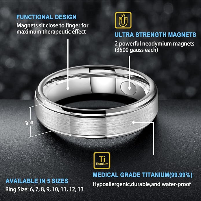 JEROOT 8mm Black Titanium Magnetic Ring for Men, 5mm Silver Pure Titanium Magnetic Ring for Women, Healing Ring with 3500 Gauss Magnets for Jewelry Gifts