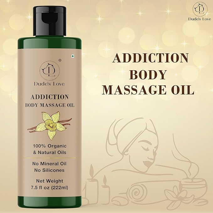 Addiction Body Massage Oil | Vanilla Scent | 100% Natural & Organic Oils | No Mineral Oil, No Silicones | Deep Nourishing Body Oil | 7.5 fl oz (222ml)