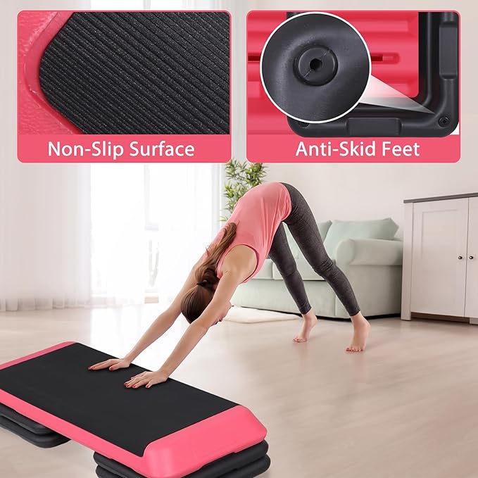 43 Inches Aerobic Step Platform 3 Levels Adjustable Aerobic Stepper with 4 Extra Risers and Anti Slip Surface, Exercise Training Workout Equipment for Home&Gym Cardio Strength & Training