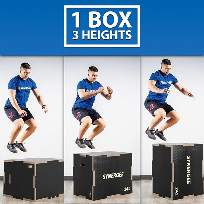 Synergee 3 in 1 Non-Slip Plyometric Box for Jump Training and Conditioning. Wooden Plyo and Soft Plyo Box All In One Jump Trainer. Sizes 20/18/16, 16/14/12