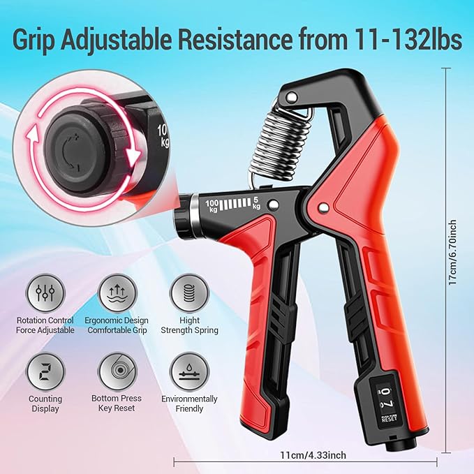 Hand Grip Strengthener - Adjustable Resistance 11-220Lbs Forearm Strength Trainer with Counting, Silicone Grip Ring & Hand Exercise for Quickly Increasing Wrist Forearm and Finger Strength Combo Set