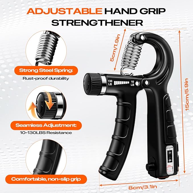 Grip Strength Trainer Kit (10-Pack): Adjustable Hand Gripper & Forearm Strengthener with Finger Stretcher, Ring, Stress Ball & 5 Bands for Muscle & Recovery.