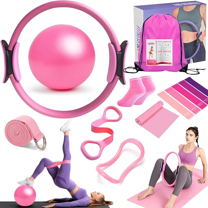 Pilates Ring Equipment Set, Home Pilates Kit for Women with 13’’ Magic Ring with Dual Padded Handles, Small Pilates Ball, 5 Resistance Bands & Complete Fitness Guide, Pilates Essential Accessories