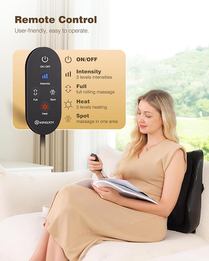 KINGJOY Back Massager for Pain Relief Deep Tissue, Full Back Massager with Heat, 3D Kneading Massage Pillow with 3 Intensities for Back, Neck, Shoulder, Spot Massage, Gifts for Women Man