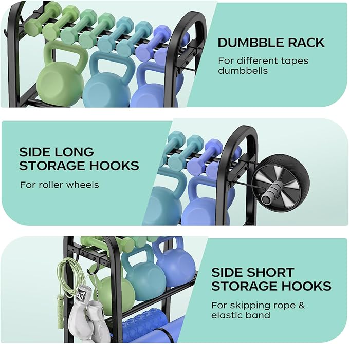 3 Tier Dumbble Rack - 360LB Capacity Adjustable Dumbbell Storage Rack Space-Saving Home Gym Weight Rack For Dumbbells And Kettlebells With Hooks (Dumbbell Rack Stand Only)