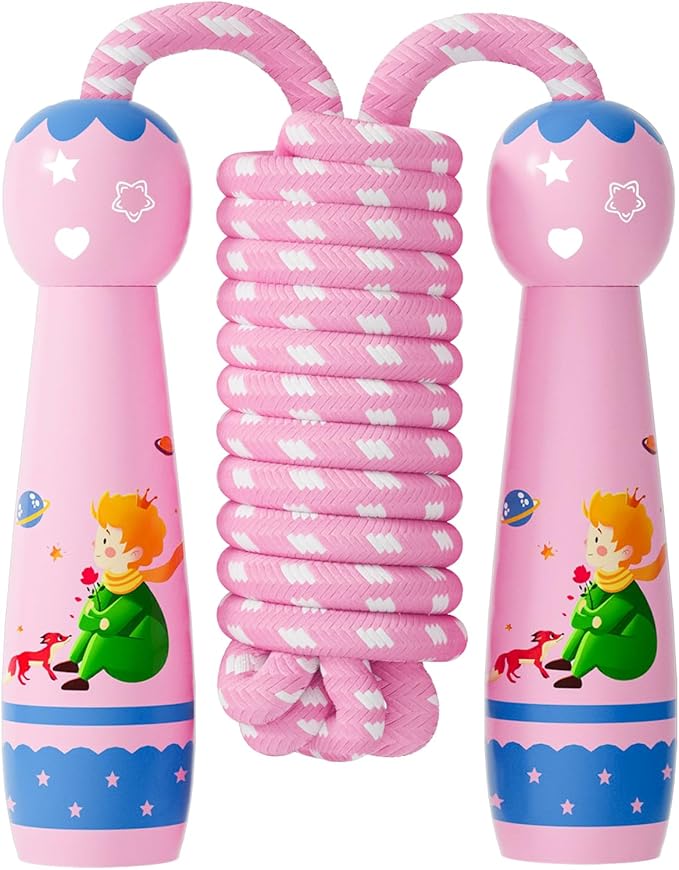 Jump Rope for Kids-Adjustable Cotton Braided Skipping Rope with Wooden Handle for Toddler Fitness Workout Exercise Outdoor Activity