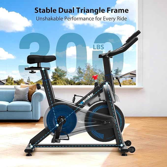 Exercise Bike, Wenoker Magnetic Stationary Bike for Home App Sync Indoor Bike with Adjustable Seat and Handlebar, Transport Wheels and Fitness Courses for Weight Loss