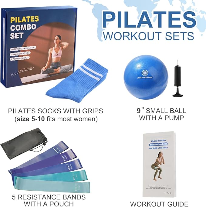 Pilates Ball Resistance Bands Grip Socks Barre Sets, Loop Exercise Bands 5 Levels, Small Yoga Ball 9 Inch, Non Slip Socks Workout Kit at Home