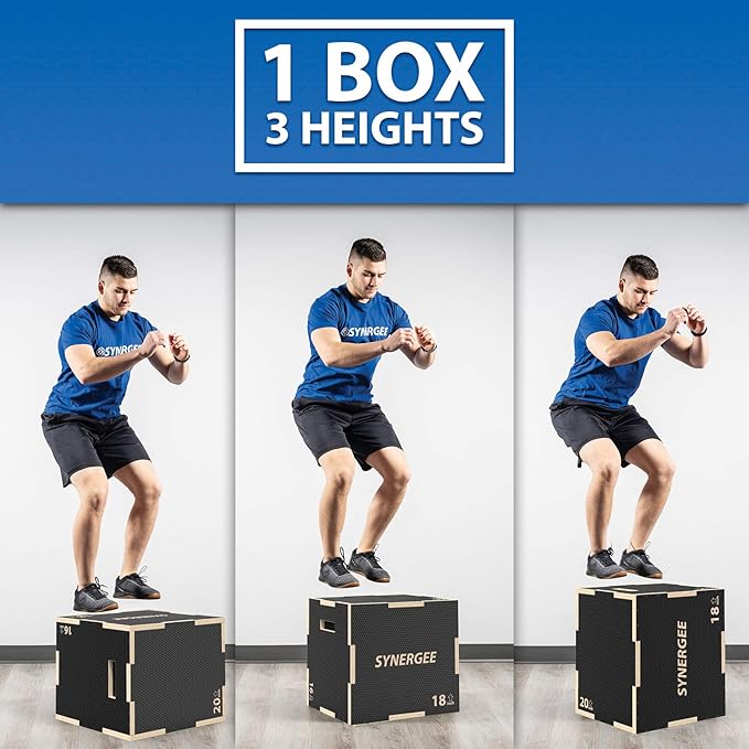 Synergee 3 in 1 Non-Slip Plyometric Box for Jump Training and Conditioning. Wooden Plyo and Soft Plyo Box All In One Jump Trainer. Sizes 20/18/16, 16/14/12