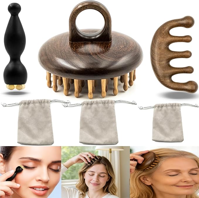3 Pack Wooden Scalp Massager, Sandalwood Manual Head Massager Comb for Hair Growth, Wooden Gua Sha Tool for Body&Face, Wood Massager for Eye