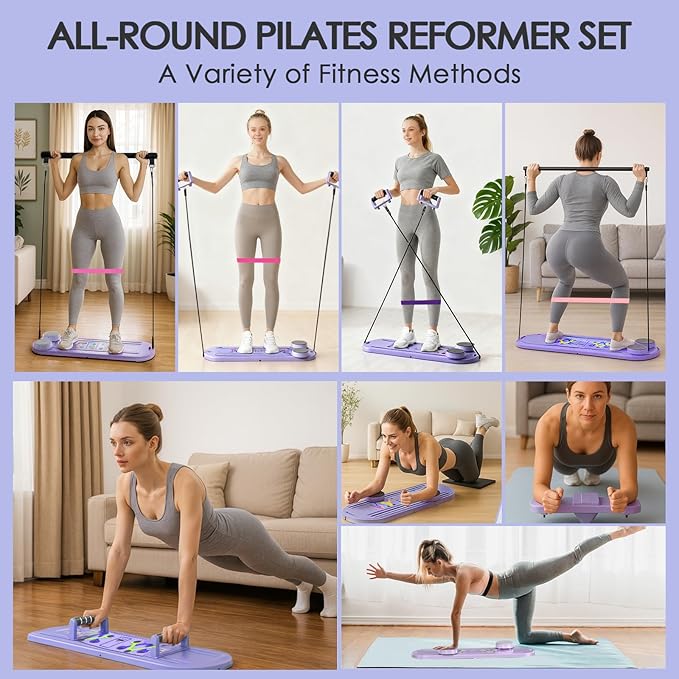 Pilates Board for Home Workout,Foldable Multifunctional Pilates Reformer Set with Timer,Resistance Bands & Storage Bag,Portable Pilates Equipment for Abs,Core & Full-Body Exercise
