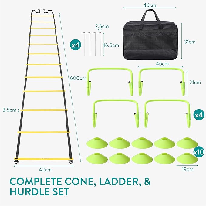 Navaris Agility Ladder Set with Hurdles - Complete Kit - 4 Adjustable Height Hurdles - Indoor or Outdoor Speed Agility Training - 10 Disc Cones - Yellow