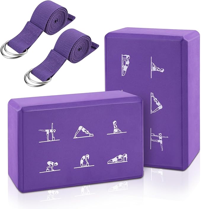 2 Yoga Block and 2 Yoga Strap Set,Non-slip EVA Foam Blocks, High Density Yoga Bricks with 6ft Strap, Supportive Latex-Free Yoga Block Accessories for Pilates