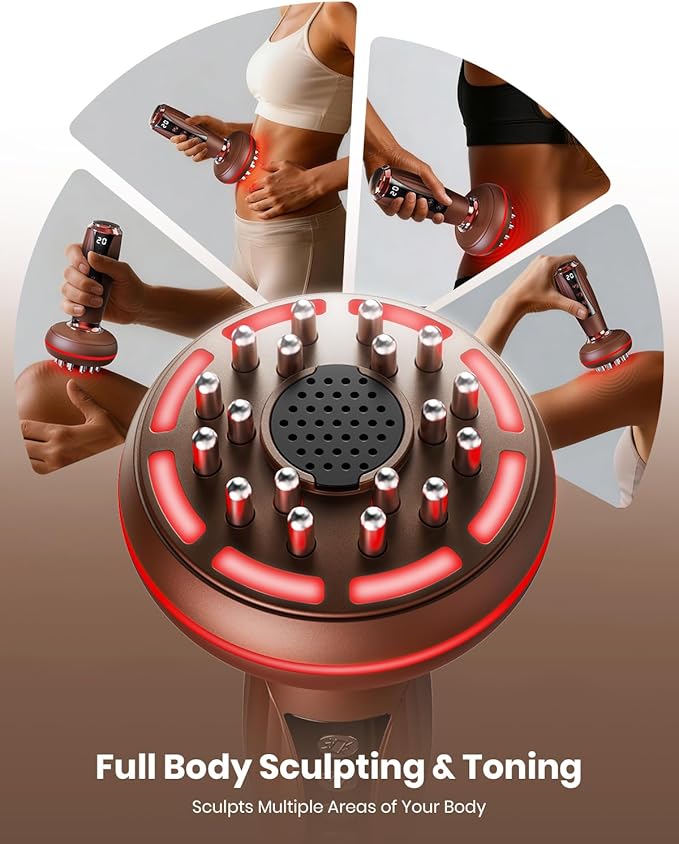 4-in-1 Lymphatic Drainage Massager & Anti Cellulite Massage Tool, Body Sculpting Massager for Legs, Arms & Belly, Reduce Cellulite, Stretch Marks with Heat, Light & Vibration, Mocha Brown