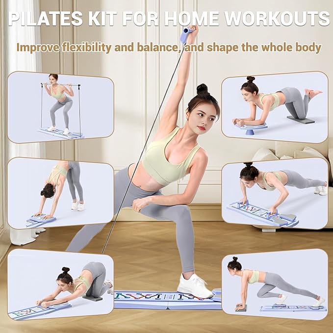 Pilates Board for Home Workout with Mat, Bar, Slider and Resistance Bands, Foldable Portable Pilates Reformer Machine Kit for Women, Multifunctional Pilates Equipment for Gym Office Exercise