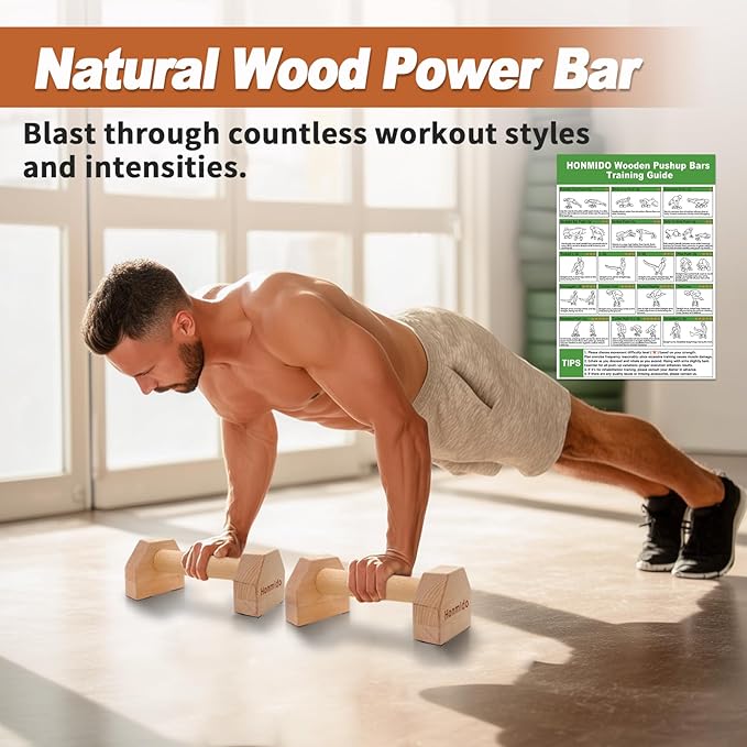 Wooden Parallettes 2 PCS Push Up Stand For Floor Calisthenics Bars Home, Handles Handstand Blocks Beech & Pine Wood Pushup Non-Slip Base Parallel Exercise Equipment For MenTrainers