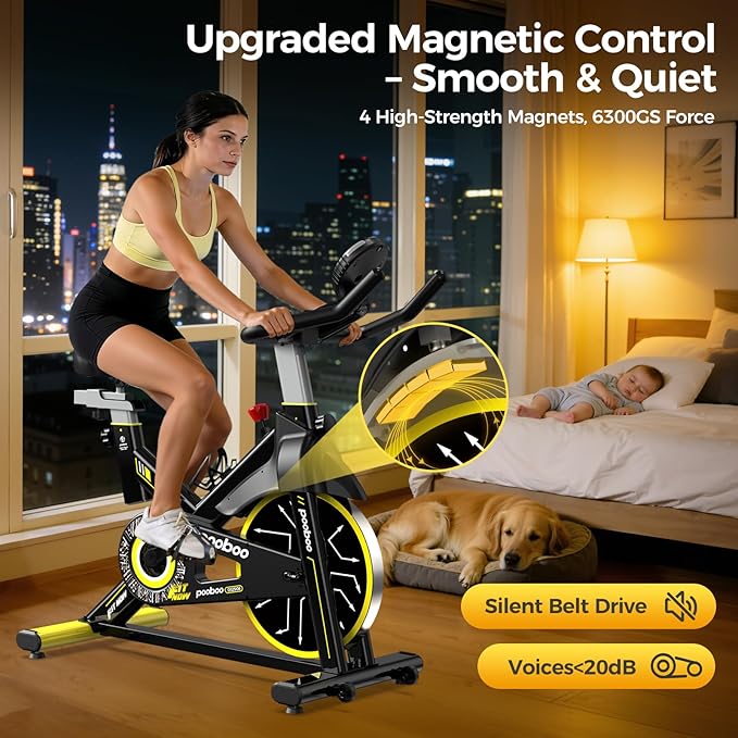 POOBOO Magnetic Exercise Bike, Quiet Stationary Bike with APP and 350lbs Weight Capacity, Indoor Cycling Bike with LCD Monitor and Tablet Holder, Heavy Duty Workout Bike for Home Gym Weight Loss