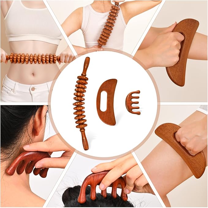 3-in-1 Wood Therapy Massage Tools Wooden Gua Sha Lymphatic Drainage Massager Body Sculpting Tools, Maderoterapia kit, Anti-Cellulite, Body Sculpting & Contouring
