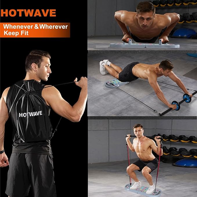 HOTWAVE Portable Exercise Equipment with 16 Gym Accessories,20 in 1 Push Up Board Fitness,Resistance Bands with Ab Roller Wheel,at Home Workout for Men