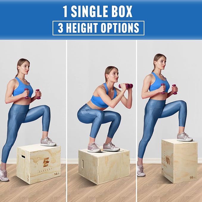 Elevens 3 in 1 Wooden Plyo Box Jump Box Plyometric Box for Jumping Trainer, Skipping, Jumping, Lunges, Box Jumps, Squats, Step-Ups, Dips