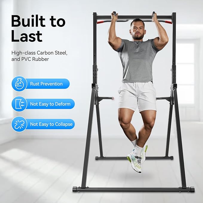 Foldable Power Tower Pull Up Bar and Dip Station Height Adjustable Pull Up Bar Strength Training Fitness Workout Equipment Free Standing Power Tower Rack for Home Gym