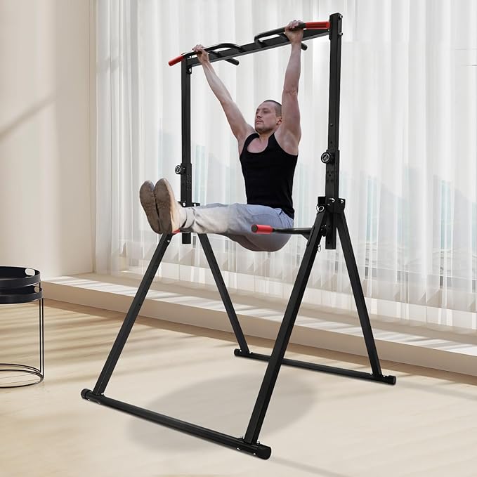 Foldable Pull Up Bar Stand, 440Lbs Free Standing Power Tower with Adjustable Height & Stable Triangular Structure Pull Up Dip Station Gym Strength Training Equipment for Living Room Bedroom Gym Etc
