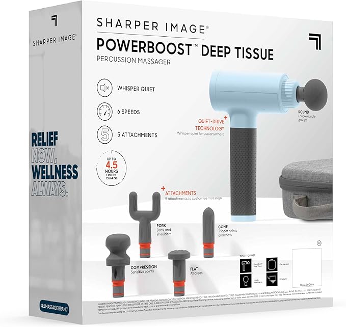 Sharper Image Deep Tissue Percussion Massage Gun, Powerboost Rechargeable Handheld Massager, 6 Adjustable Speeds, 5 Attachment Heads & Carrying Case, Full Body Muscle Pain Relief, Light Blue