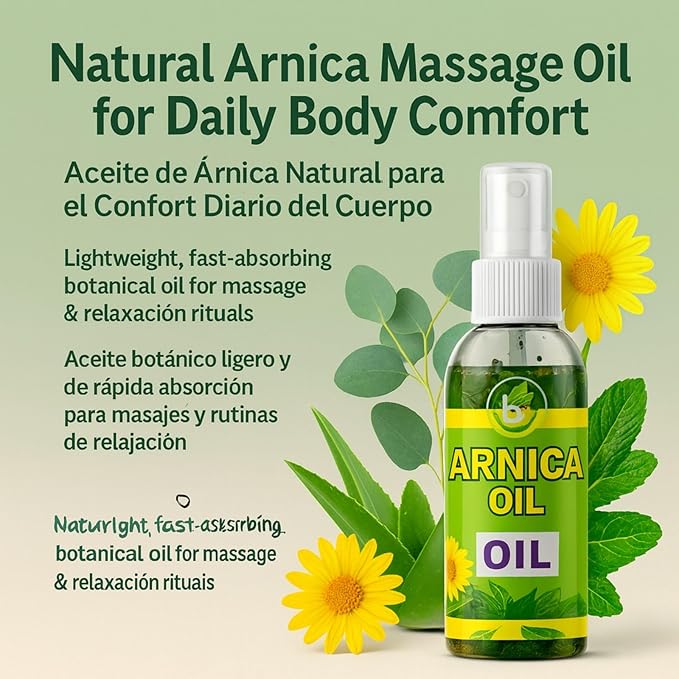 Arnica Sore Muscle Massage Oil(Aceite) – 6 fl oz – Natural Concentrated Body Oil for Muscles, Joints & Massage Therapy – Fast-Absorbing – Fresh Herbal Aroma – Soothing Relief – Daily Use Solution