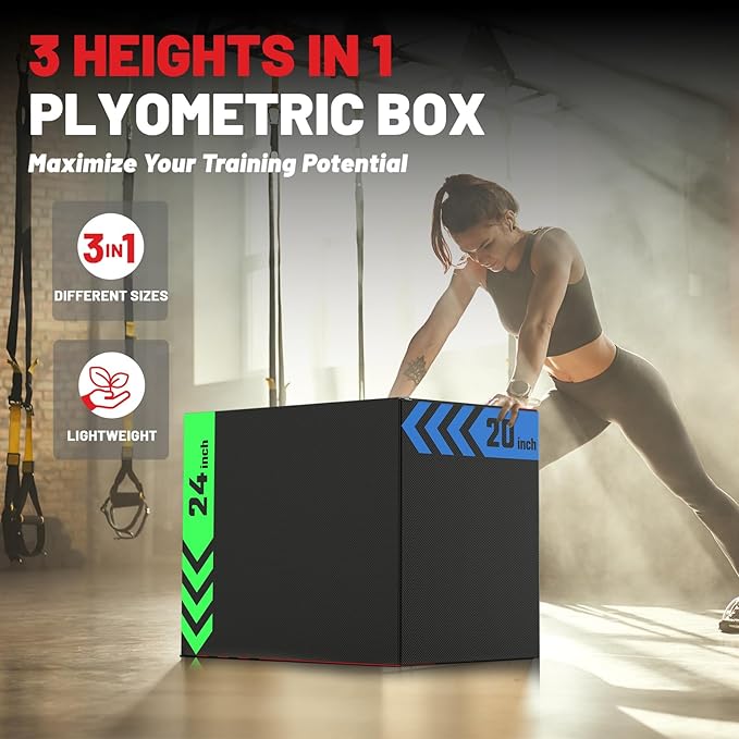 papababe 3-in-1 Plyometric Jump Box Workout Equipment, Box Jumps for Home Gym, Trainer with Anti Slip Surface and High Density Foam, Box Height: 20", 24", 30"