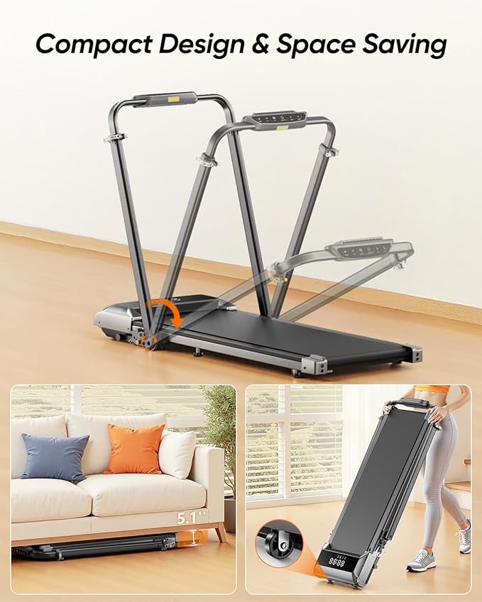 Walking Pad with 12% Incline & Height-Adjustable Handlebar, 5-in-1 Foldable Treadmill for Home & Office, Portable Under Desk Treadmill with LED Display & App Control