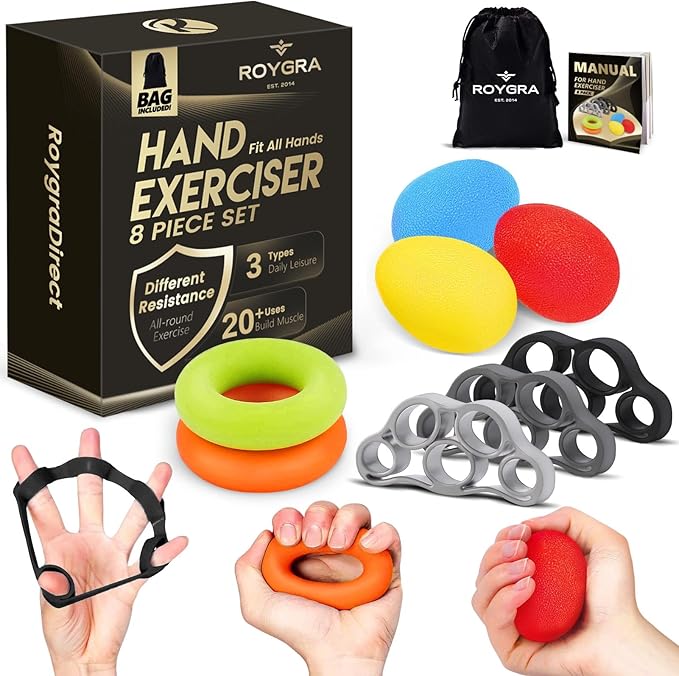 roygra Grip Strength Trainer (8 Pack), Forearm Strengthener, Stress Balls for Adults, Hand Strengthening Devices, Wrist Finger Strengthener, Physical Therapy Exercise Equipment, Golf Baseball Climbing