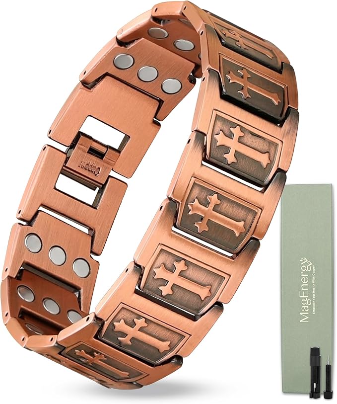 MagEnergy 99.99% Copper Bracelet for Men, Cross Copper Magnetic Bracelet with 3800 Gauss Magnets, Adjustable with Sizing Tool, Pulsera de cobre para Hombre, Men's Jewelry Gift