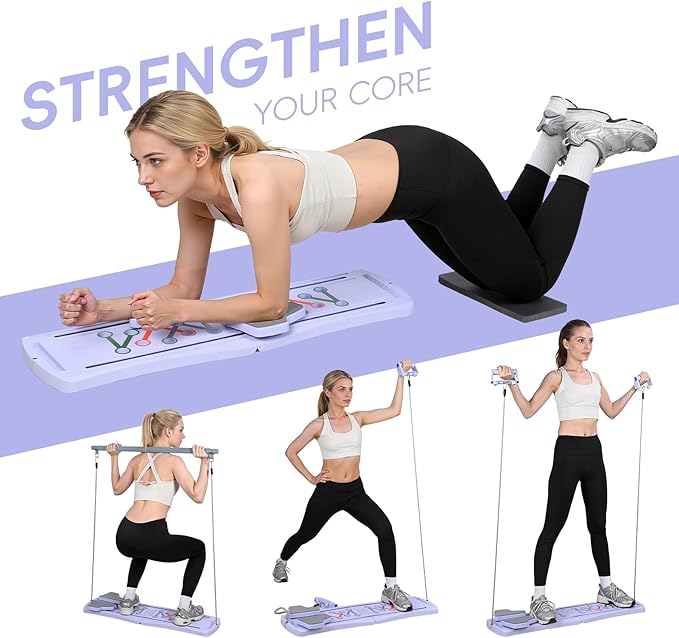 Pilates Board for Home Workout - Portable Pilates Reformer Set, Multifunctional Ab Trainer with Resistance Bands Phone Support 300lbs Capacity, Folding Pilate Board for Women Full Body Workout