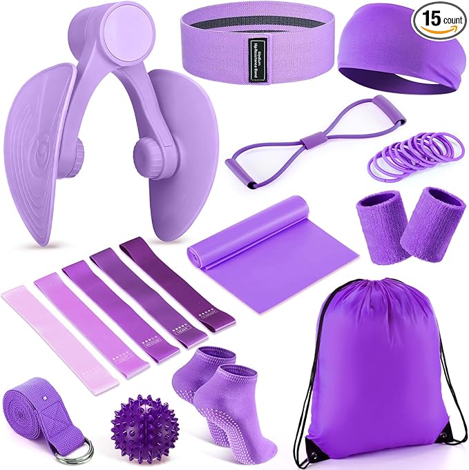 15 pcs Pilates Kit for Women Home Pilates Yoga Fitness Set with Pelvic Floor Trainer 5 Resistance Band Stretching Strap Non Slip Sock Ball Wristband Headband Gym Bag