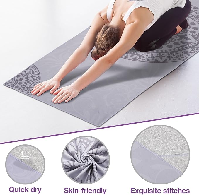 MoKo Hot Yoga Towel, Non-Slip Yoga Mat Towel with Grip Dots, 74.4"×27.3" Yoga Mat Cover for Pilates, Fitness, Meditation, Swimming Pool, Beach, Travel Yoga Mat with Corner Pockets