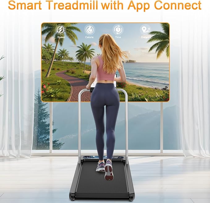 Treadmills for Home Small with 0%-8% Incline and APP Sync, Compact Under Desk Walking Treadmill Pad with Handle Bar Removable, Remote Control and LED Display, 2.5HP